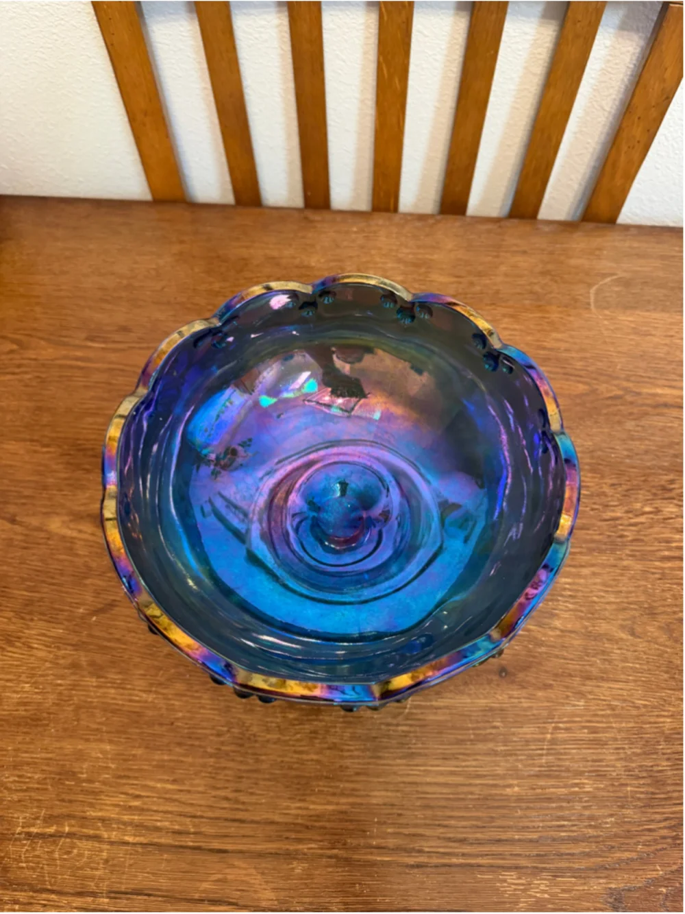 Vintage Blue Carnival Glass Pedestal Compote Bowl Iridescent Scalloped -CH